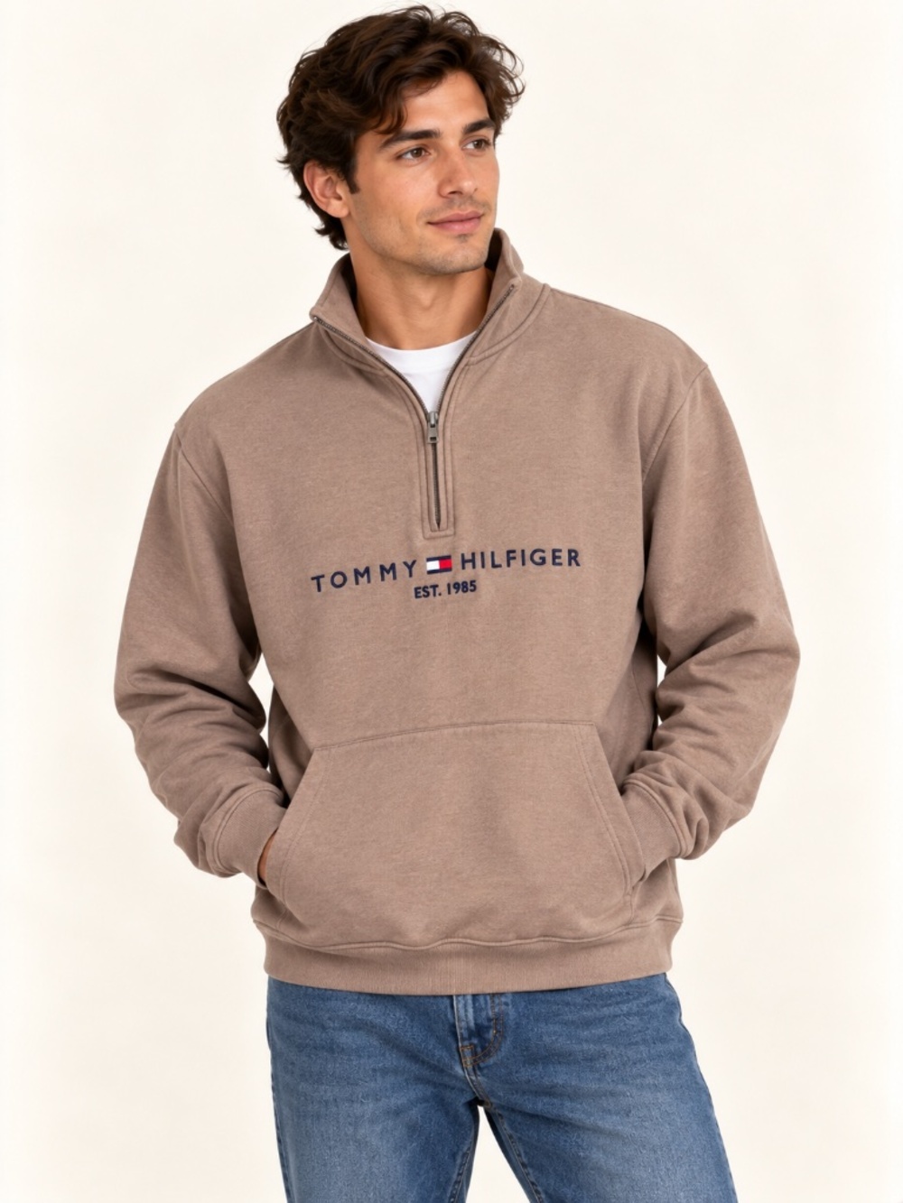 Tommy Hilfiger Men’s Tan Logo Quarter Zip Pullover Kangaroo Pocket Sweatshirt